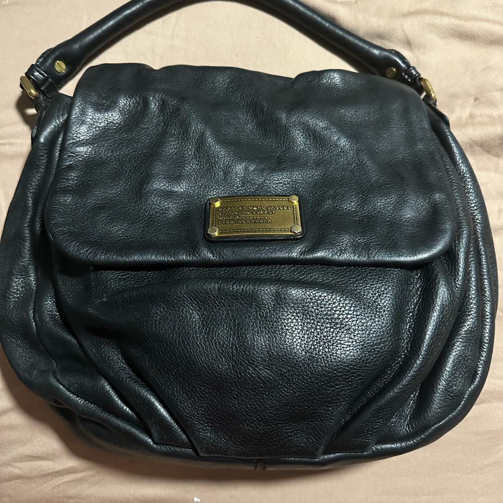 Marc Jacobs Black Leather Shoulder Bag with Gold Accents